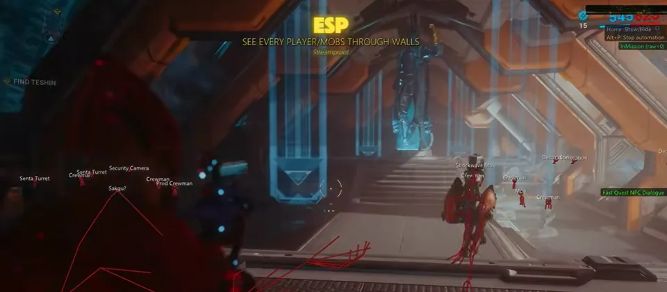 Warframe cheats main menu with ESP, aimbot, and radar toggles on Windows PC