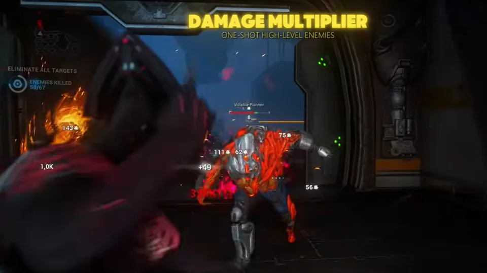 Warframe Sortie combat with aimbot lock on a Corpus heavy unit